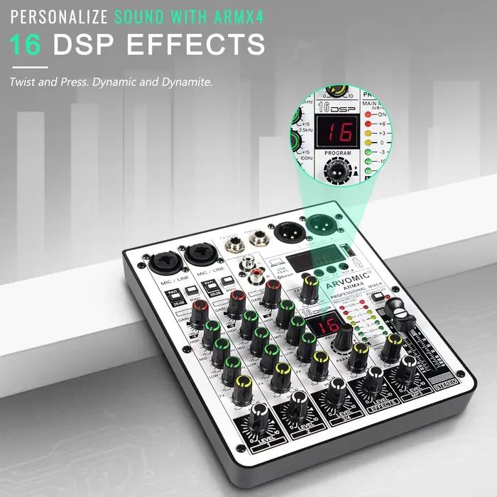 Mélangeur audio 4 canaux, table de mixage DJ avec interface audio USB, fonction Bluetooth, 16 effets