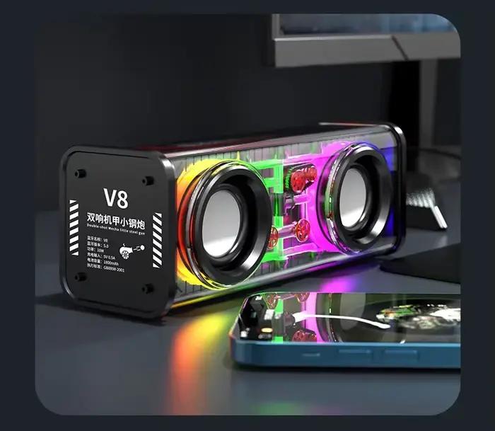 V8 Transparent Mecha Haut-parleurs Bluetooth 5.0 Sans Fil Double Basse Diaphragme Subwoofer Musique 