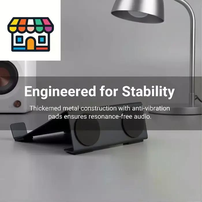 Support métallique robuste pour enceintes - Fixation antidérapante pour bureau avec installation discrète