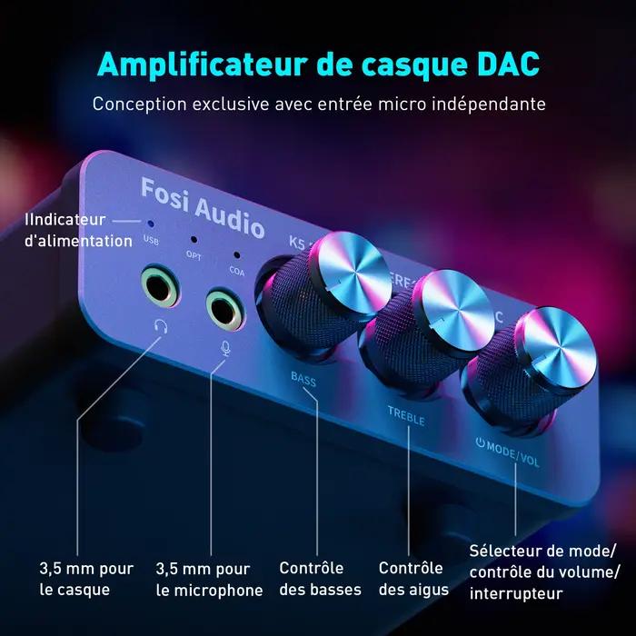 Amplificateur audio USB Fosi Audio K5 PRO pour jeux avec microphone amplificateur casque mini DAC audio pour haut-parleurs actifs alimentés par le bureau occasions spéciales gaming