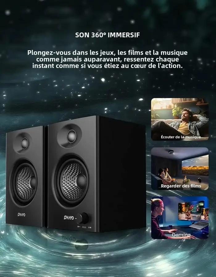 OHAYO Enceintes d'étagère actives 60W avec unité en fibre de verre, Bluetooth 5.3 et entrées multiples (USB/RCA/AUX) - pour une expérience de jeu PC immersive