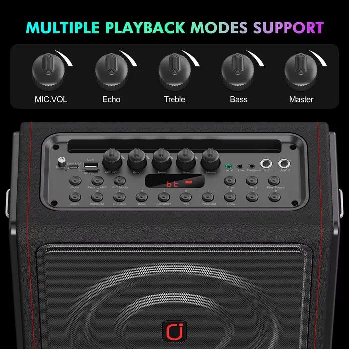 Machine de karaoké avec 2 micros sans fil | Enceinte Bluetooth 5.3 avec contrôle des basses/aigus et correction de la