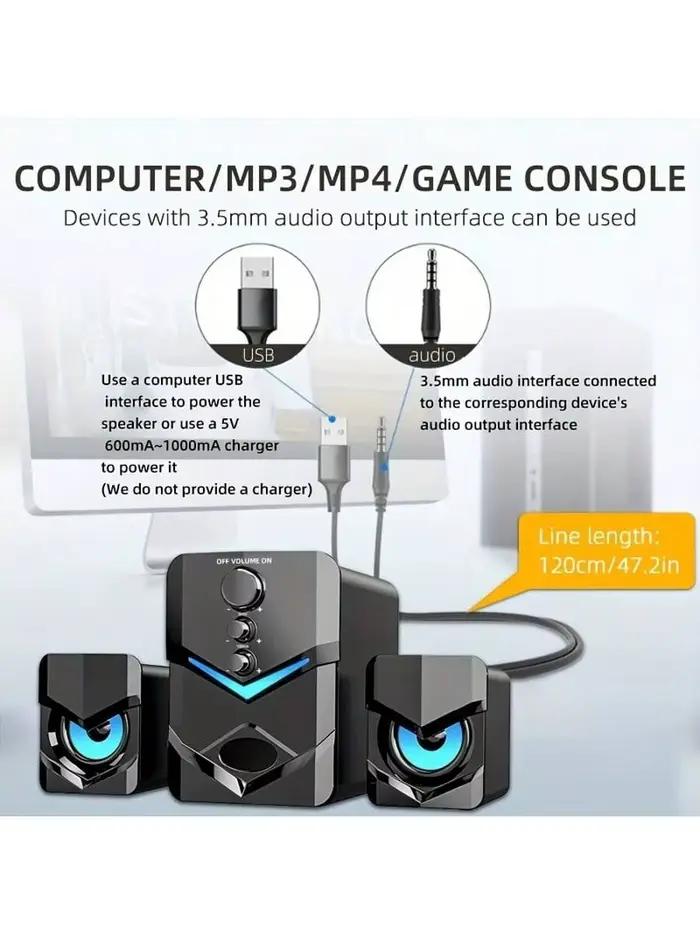 Haut-parleurs de bureau stéréo 2.1 avec éclairage d'ambiance LED alimentation USB connexion filaire prise audio 3.5 mm haut-parleur portable pour bureau salon soirée