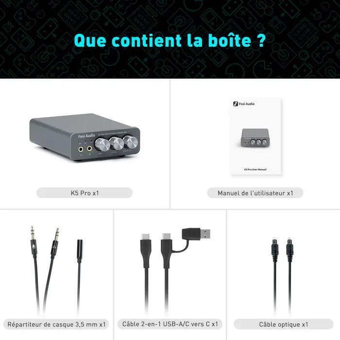 Amplificateur audio USB Fosi Audio K5 PRO pour jeux avec microphone amplificateur casque mini DAC audio pour haut-parleurs actifs alimentés par le bureau occasions spéciales gaming