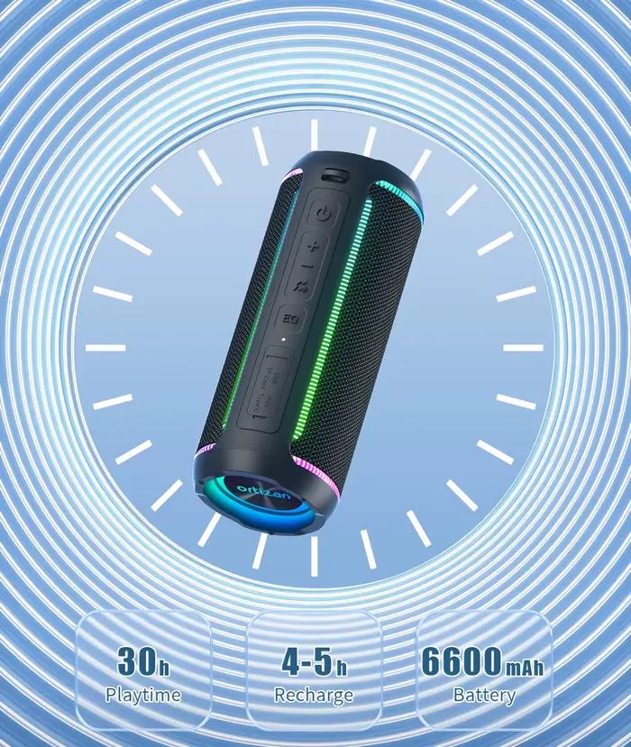 Haut-parleur Bluetooth Ortizan X30 avec son puissant, basses profondes, mode surround 3D, lumières RGB, étanche IPX7, compatible USB, TF et AUX pour fêtes et aventures