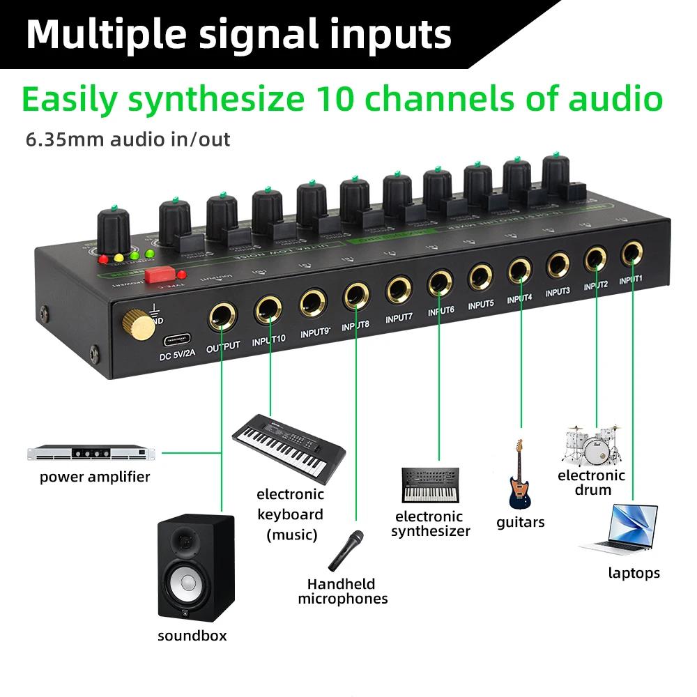 Mélangeur audio à 10 canaux, mélangeur de ligne portable à très faible bruit, mélangeur stéréo, mini
