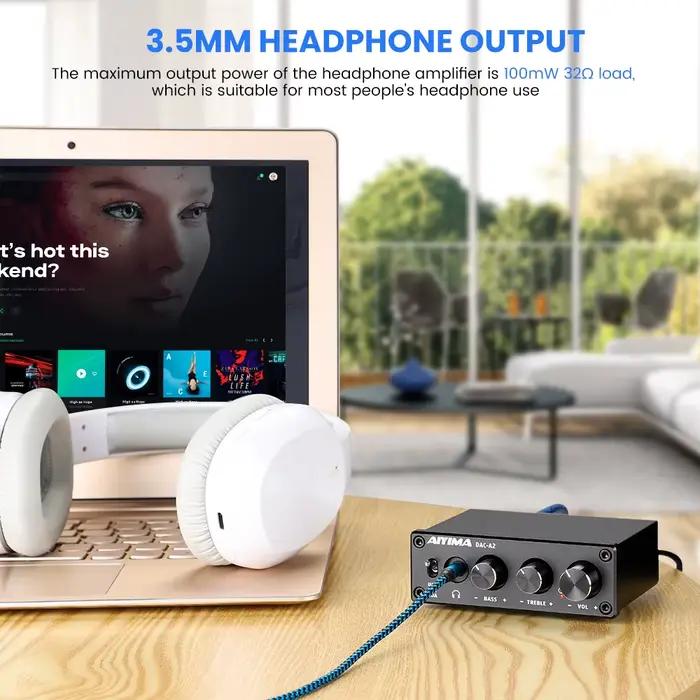 AIYIMA DAC-A2 Décodeur audio HiFi, amplificateur de casque USB, sortie coaxiale optique, DAC stéréo
