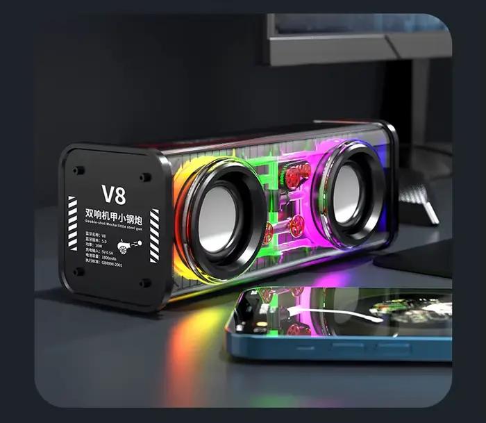 V8 Transparent Mecha haut-parleurs Bluetooth 5.0 sans fil Double basse diaphragme caisson de basses