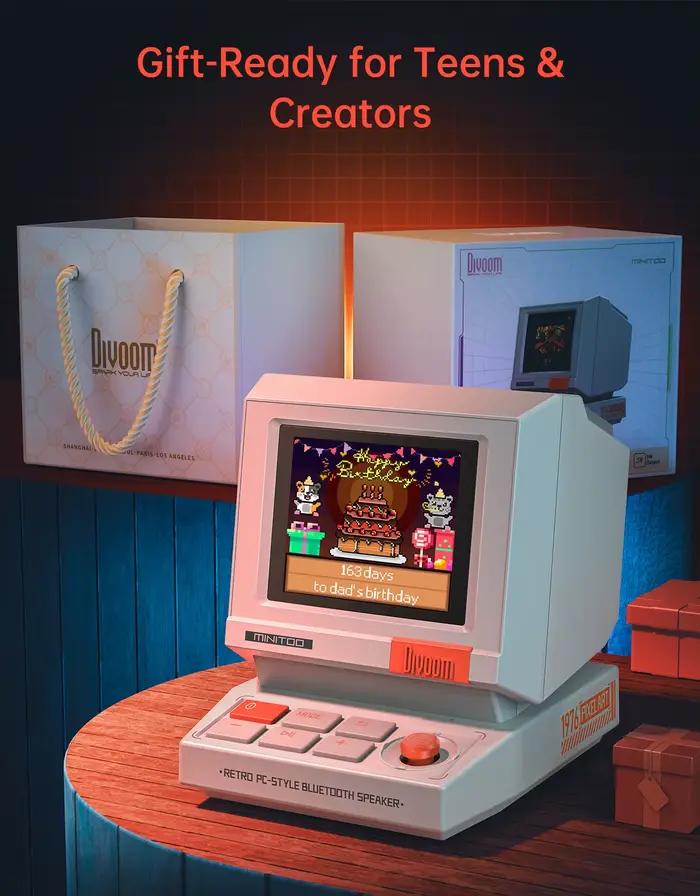 Divoom MiniToo rétro haut-parleur en beige design vintage affichage pixel boîte à musique Bluetooth portable pour décoration et événements