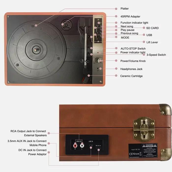 Lecteur de disque vinyle Vintage BT phonographe USB enregistrement 33/45/78 tr/min Support pour disques