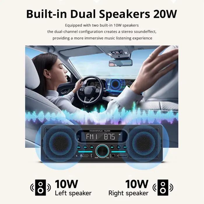Autoradio 1Din Lecteur MP3 Stéréo Double Bluetooth Haut-parleur intégré FM AM RDS Entrée AUX USB EQ Type-C Charge universelle