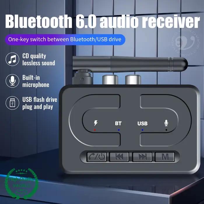 Récepteur audio Bluetooth 6.0 avec entrées auxiliaires 3,5 mm, RCA, support USB et carte SD pour système Hi-Fi stéréo sans perte pour amplificateur de haut-parleurs, système de voiture et téléviseur