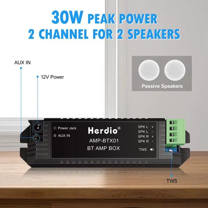 Herdio-Amplificateur Bluetooth 5.1 à 2 canaux pour haut-parleurs passifs