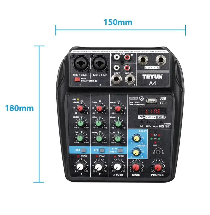 TEYUN A4 Console de mixage sonore Bluetooth USB enregistrement ordinateur 48V retard d'alimentation fantôme effet de répétition 4 canaux USB mélangeur Audio