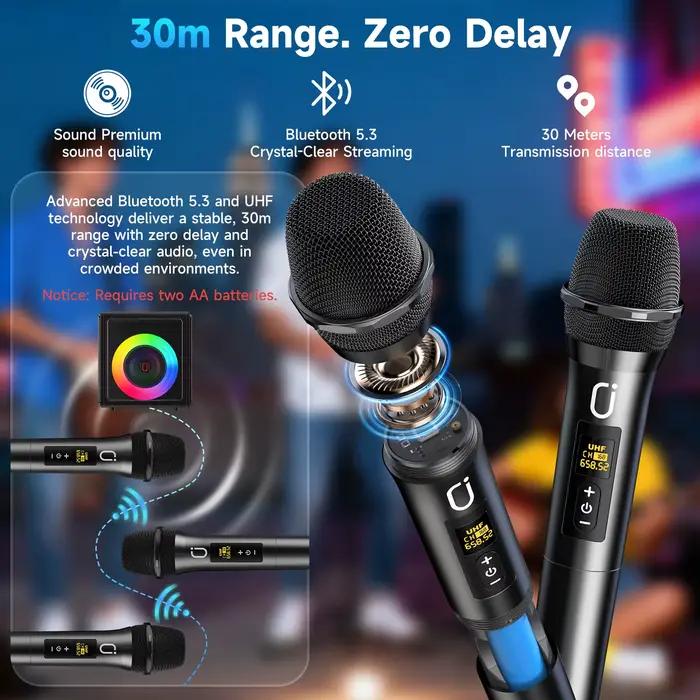 Machine à karaoké, haut-parleur Bluetooth 5.3 portable avec 2 microphones sans fil pour adultes