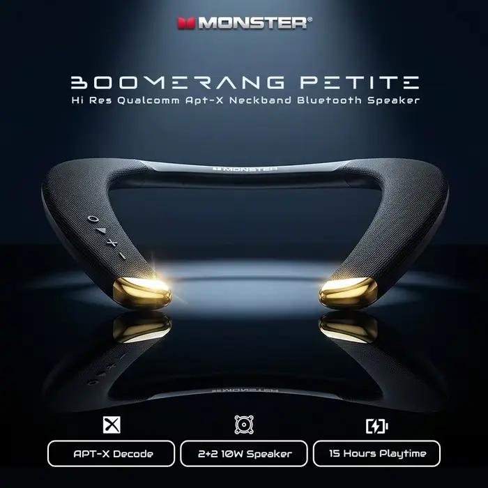 Mini-enceinte Bluetooth Monster Boomerang avec technologie apt-X pour musique haute résolution, mode 3D surround, appel mains libres et résistance à l'eau pour usage quotidien et activités en plein air