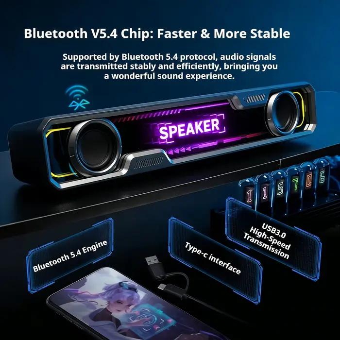 Barre de son 4D pour ordinateur avec caisson de basses et Bluetooth 5.4 pour expérience sonore immersive et polyvalente pour ordinateur portable et PC