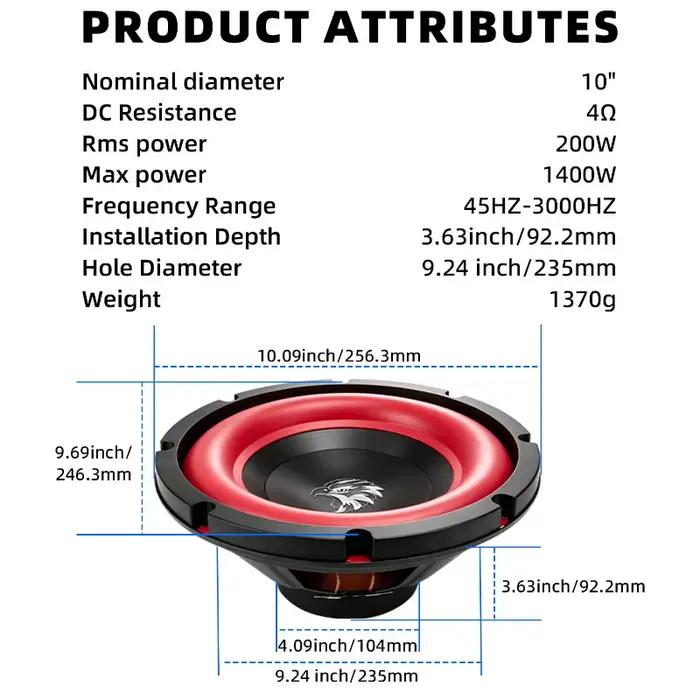 1 pièce Haut-parleur de voiture 10 pouces 1400W