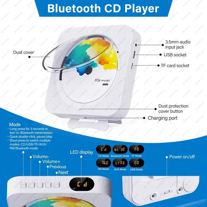 Lecteur CD Portable haut-parleur intégré stéréo avec Double prise casque 3.5mm écran LED