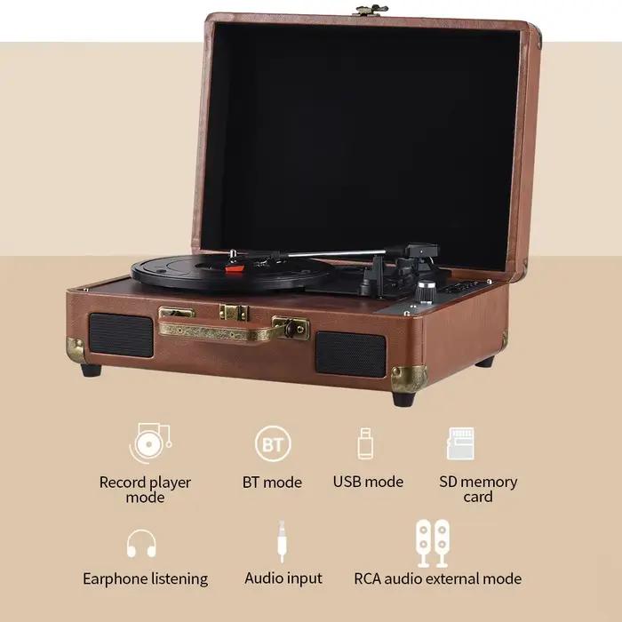Lecteur de disque vinyle Vintage BT phonographe USB enregistrement 33/45/78 tr/min Support pour disques