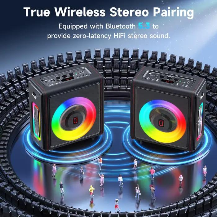 Machine à karaoké, haut-parleur Bluetooth 5.3 portable avec 2 microphones sans fil pour adultes