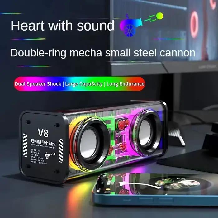 V8 Transparent Mecha haut-parleurs Bluetooth 5.0 sans fil Double basse diaphragme caisson de basses musique TWS RGB lumière Mini haut-parleur de fête