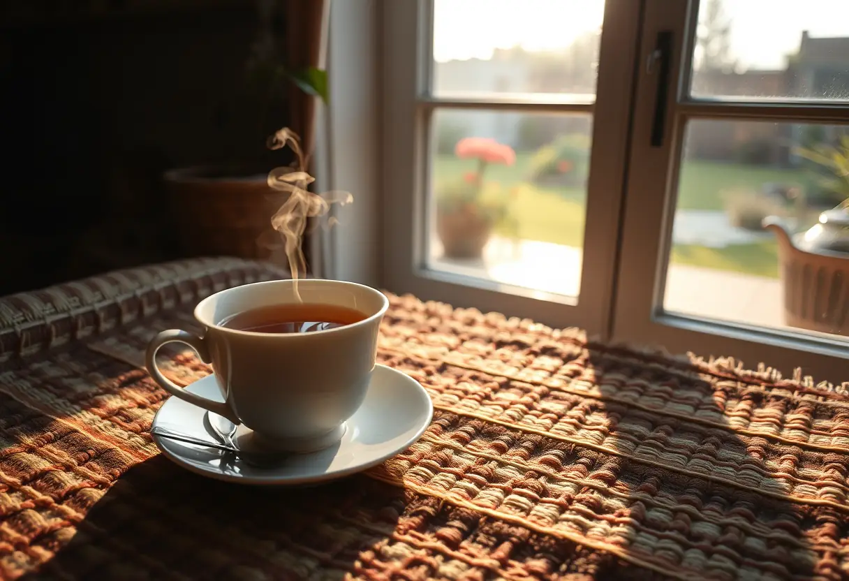 Une tasse de thé posée sur un tapis tissé à la main