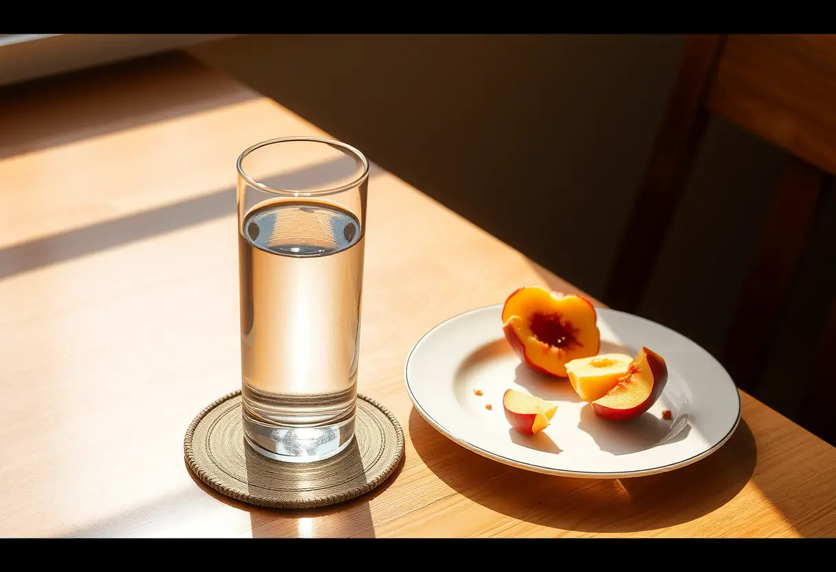 Un verre d'eau et des fruits sur la table de la cuisine d'Anne Saurat-Dubois
