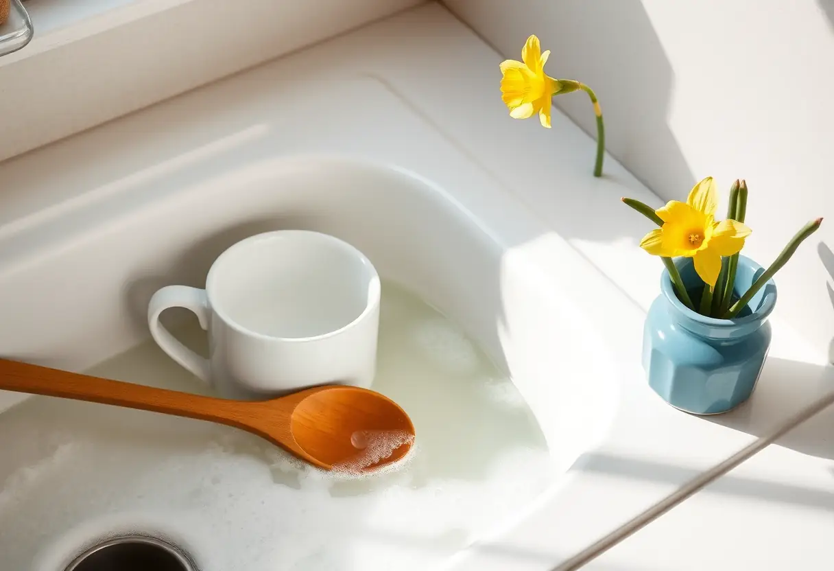 Une tasse en porcelaine blanche près d'un égouttoir dans une cuisine