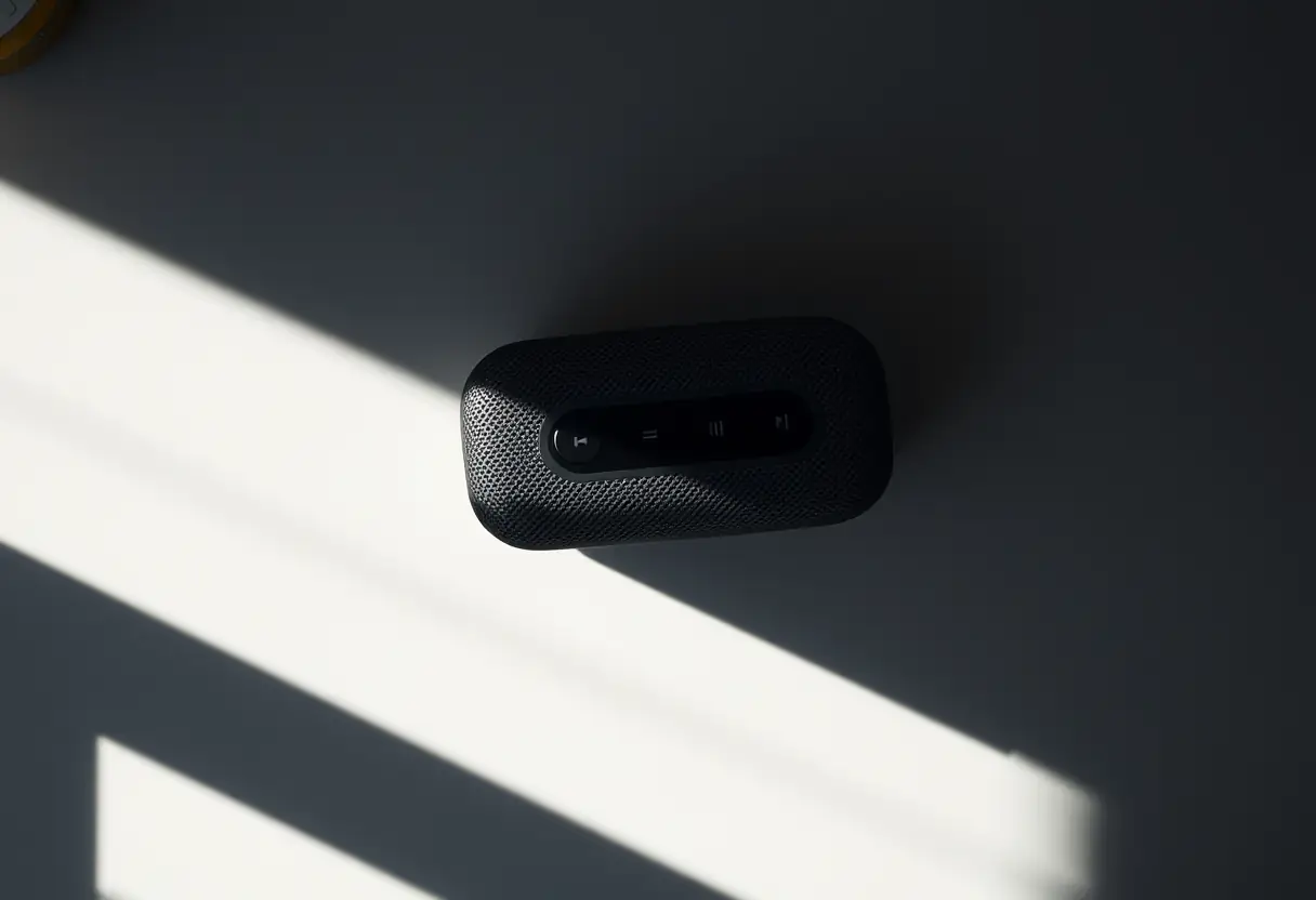 Vue aérienne d'une enceinte Bose Soundlink sur une table, mettant en valeur la disposition ergonomique des boutons