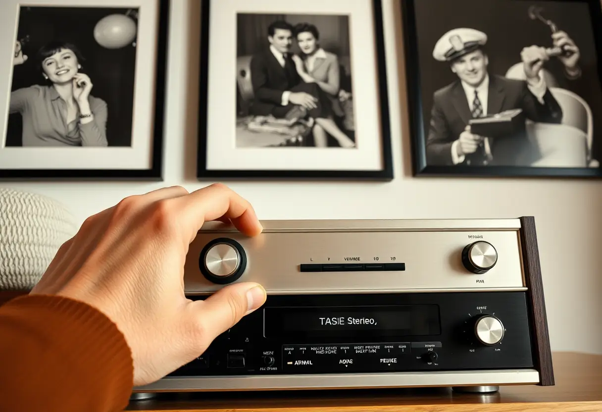 Une main ajustant doucement le bouton de volume d'un ancien système stéréophonique, entouré de photos en noir et blanc de musiciens et acteurs célèbres.