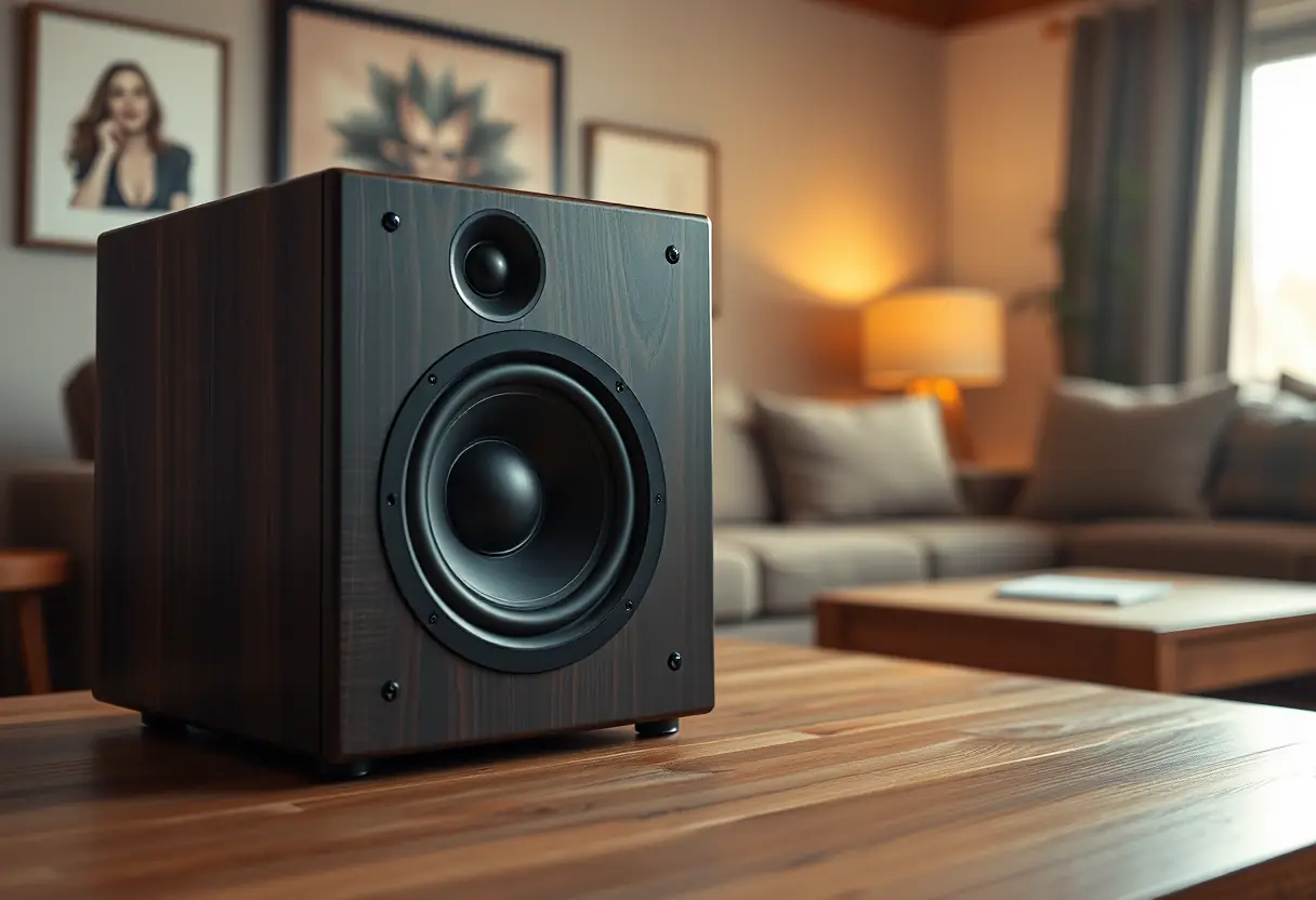 Enceinte avec subwoofer dans un salon chaleureux