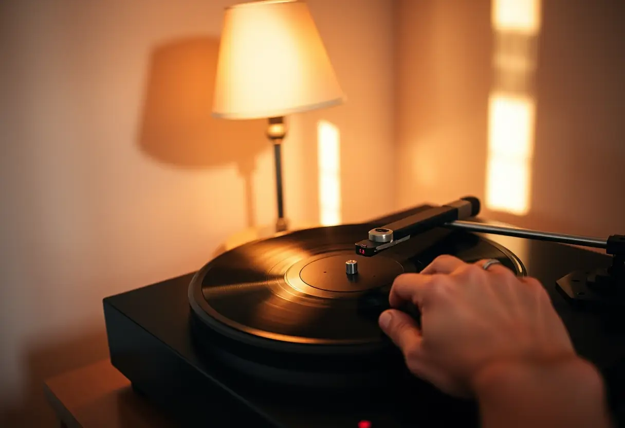 Des mains ajustent délicatement un lecteur de vinyle