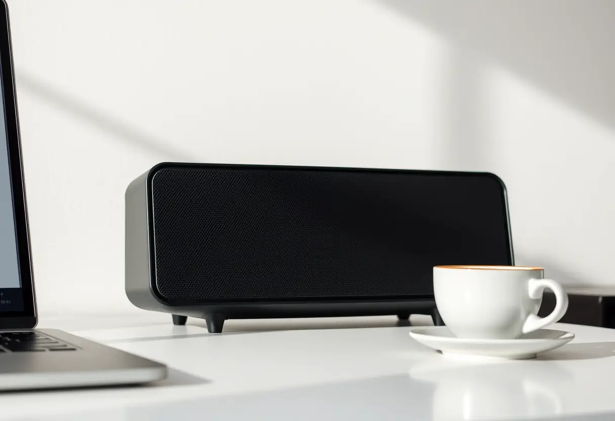 Vue rapprochée d'un haut-parleur moderne avec un revêtement noir mat posé sur un bureau minimaliste, évoquant élégance et fonctionnalité