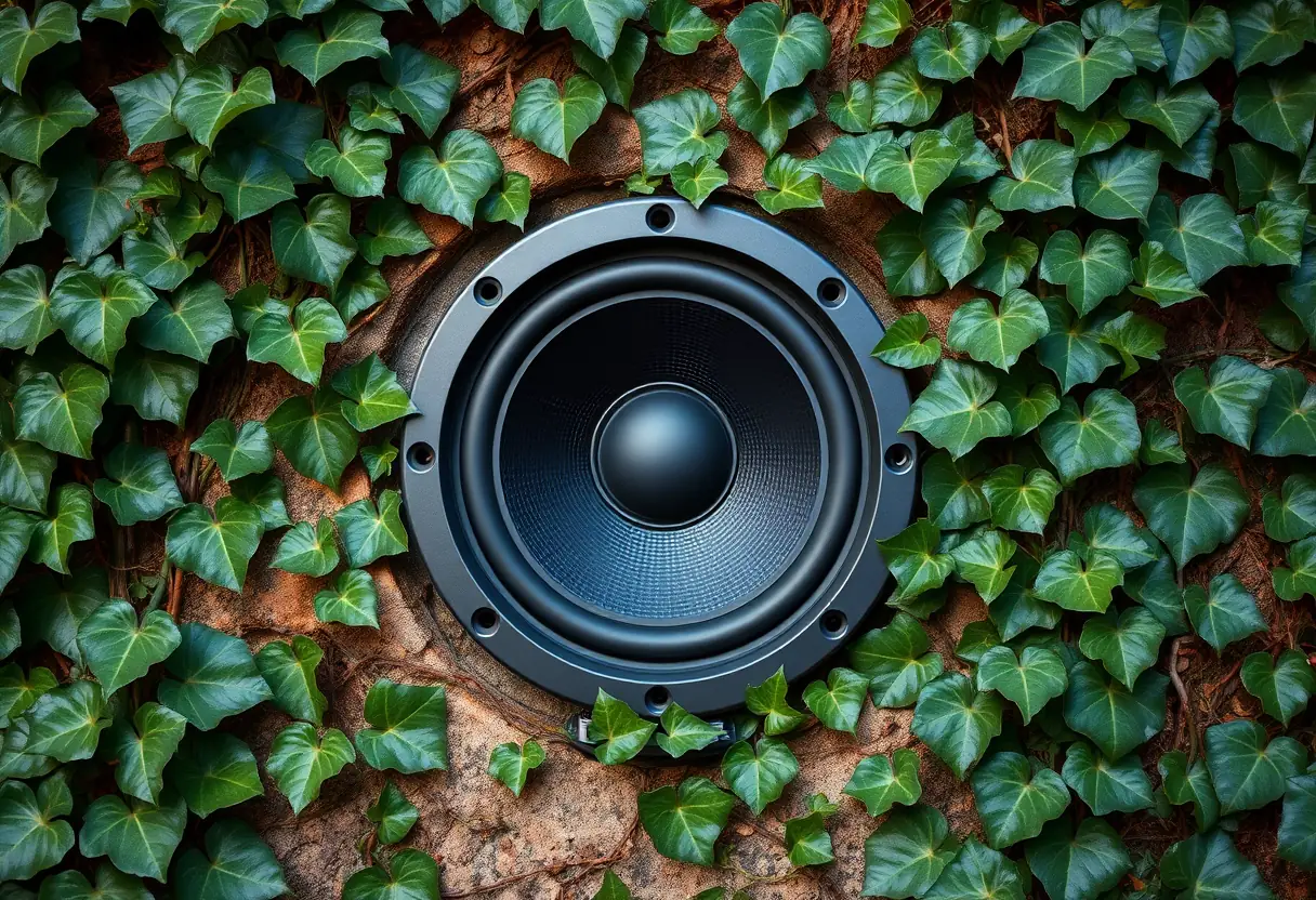 Enceinte encastrable circulaire dans un mur de jardin, protégée par la végétation