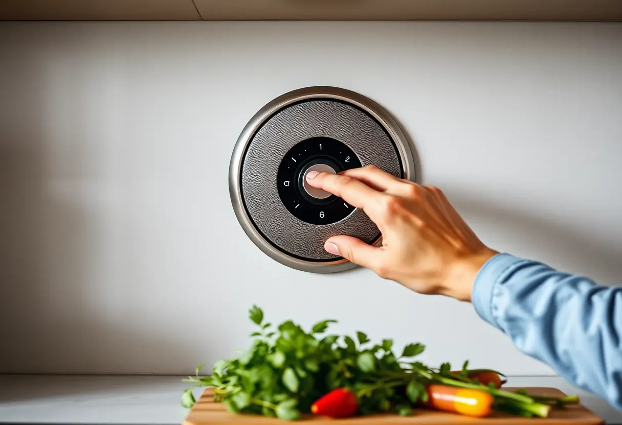 Main de réglage sur une enceinte Bluetooth dans la cuisine, texte alternatif en français