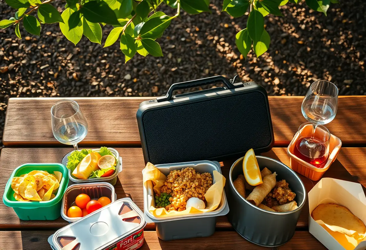 Un plan incliné d'une enceinte posée sur une table de pique-nique, entourée de contenants de nourriture