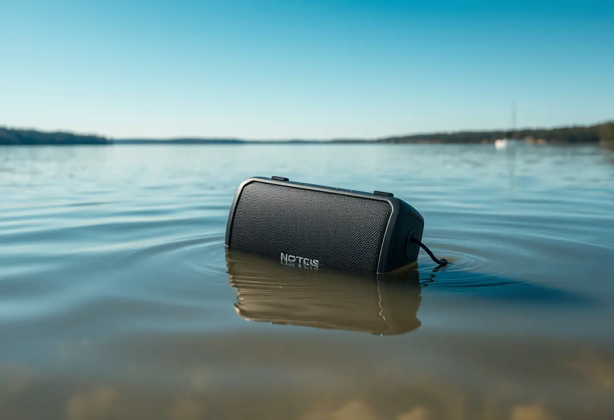 Un haut-parleur flottant sur une eau calme, démontrant ses capacités étanches