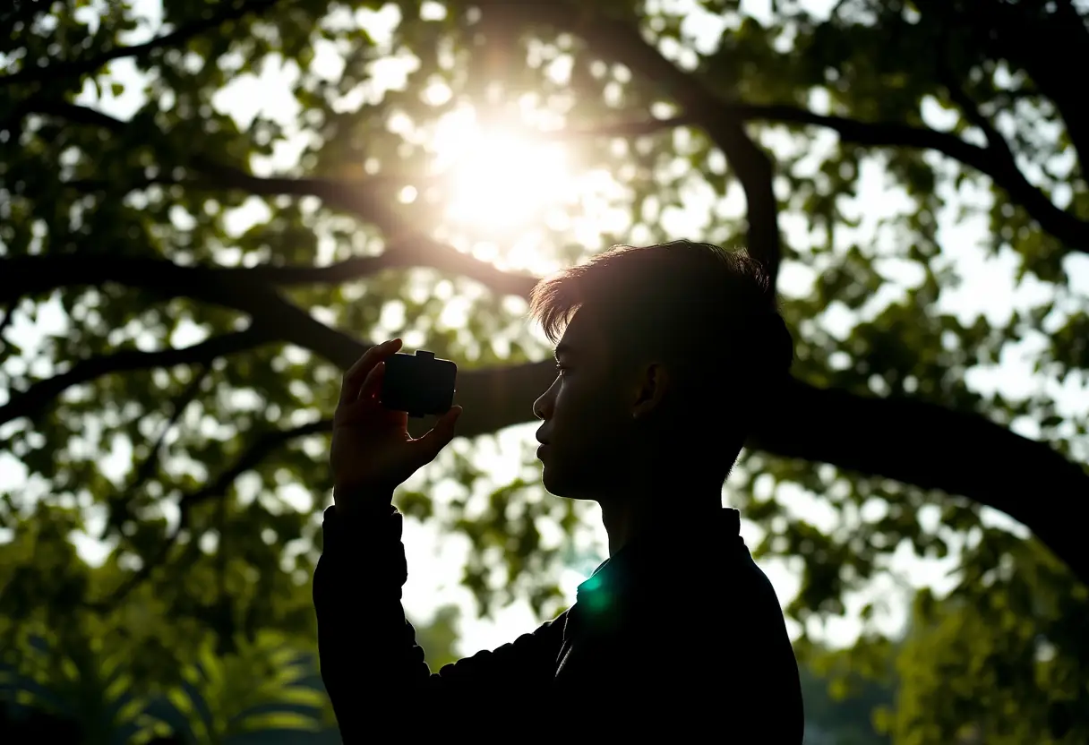 Silhouette tenant l'enceinte sous un arbre