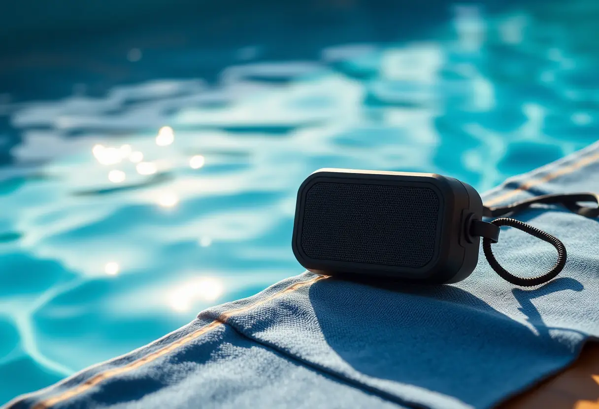 Un haut-parleur étanche posé sur une serviette près d'une piscine