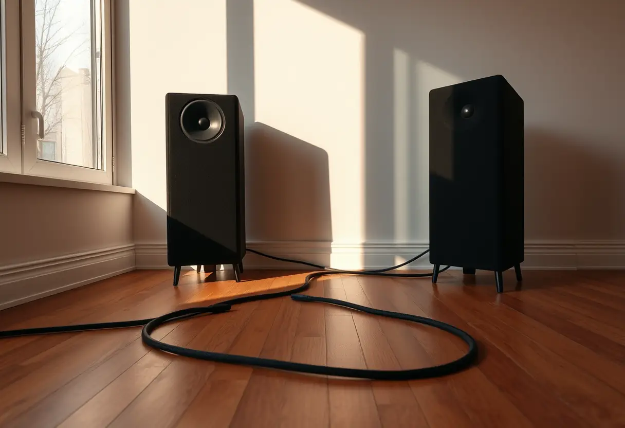 Des câbles audio reliant un tourne-disque à des enceintes noires dans un intérieur moderne