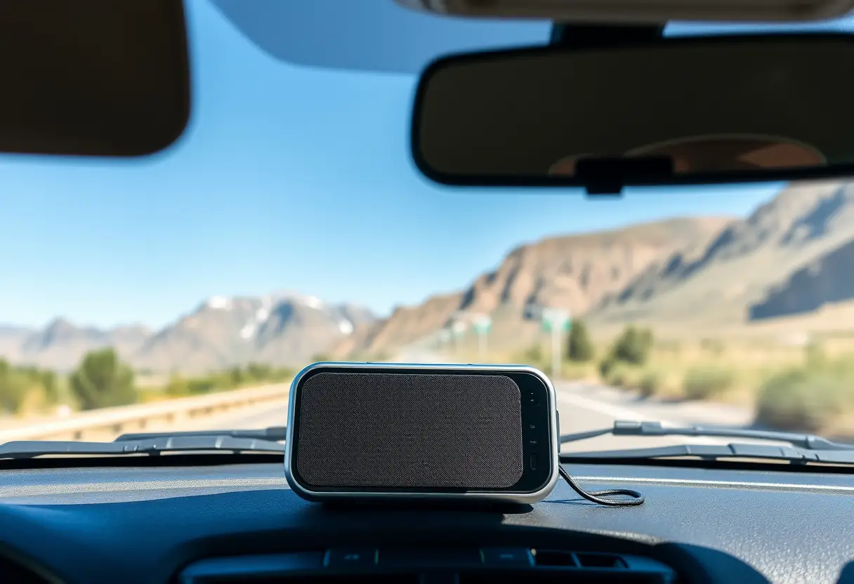 Enceinte portable sur le tableau de bord d'une voiture en déplacement