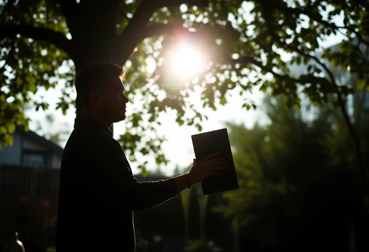 Silhouette d'une personne sous un arbre avec un haut-parleur moyen, texte alternatif en français