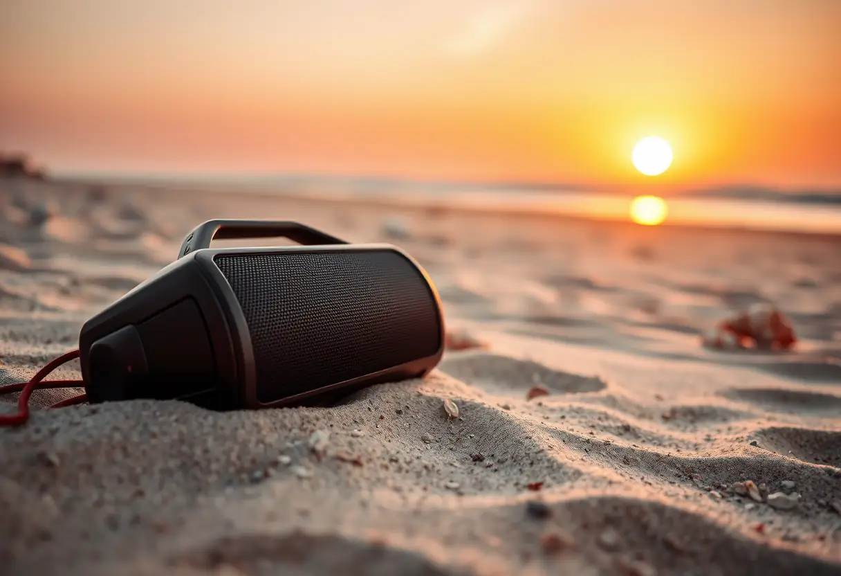 Un haut-parleur portable sur une plage, entouré de coquillages, éclairé par le soleil couchant.