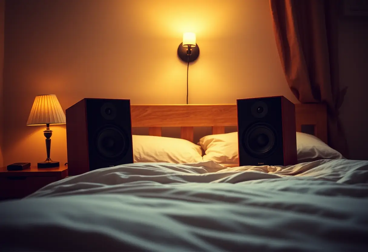 Dans une chambre douillette, deux enceintes sont posées de part et d'autre du lit, éclairées par une veilleuse.