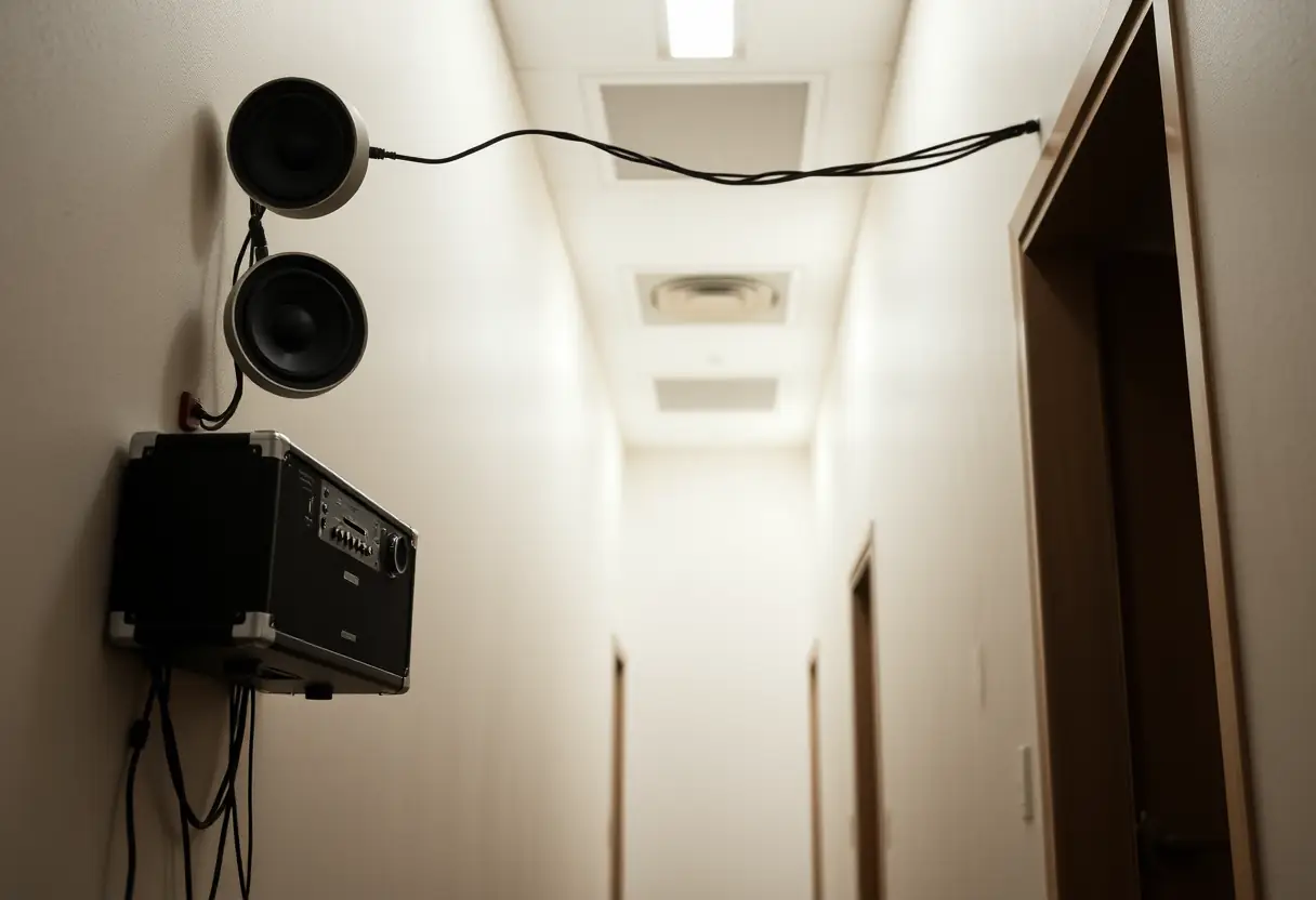 Un amplificateur connecté à plusieurs petites enceintes rondes placées le long du plafond d'un couloir, assurant un son clair dans un espace étroit