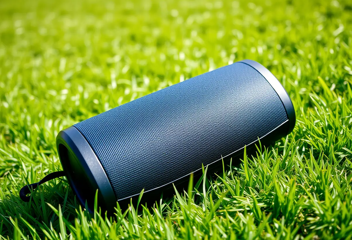 Enceinte Bluetooth posée sur une pelouse verte sous un ciel bleu