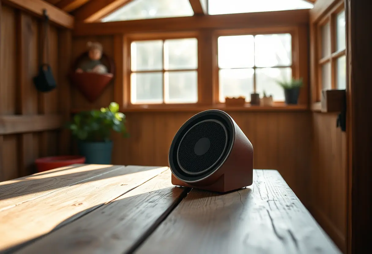 Petite enceinte Bluetooth posée sur une table dans un cabanon