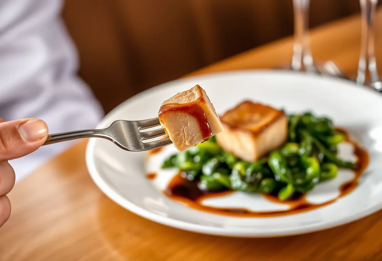 Une fourchette tenant une portion de foie gras sur une assiette blanche dans un cadre élégant