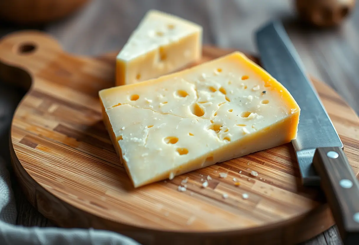 Plan focal sur un plateau de bois avec du parmesan tranché